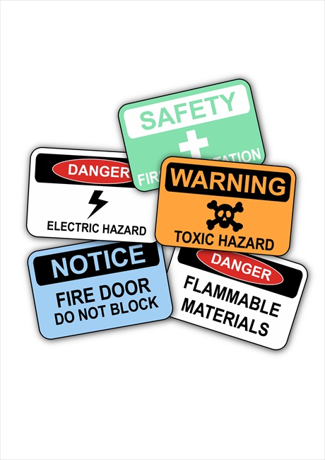Workplace safety sign collection. Signs include Toxic Hazard, Flammable Materials and Fire Door Notice.