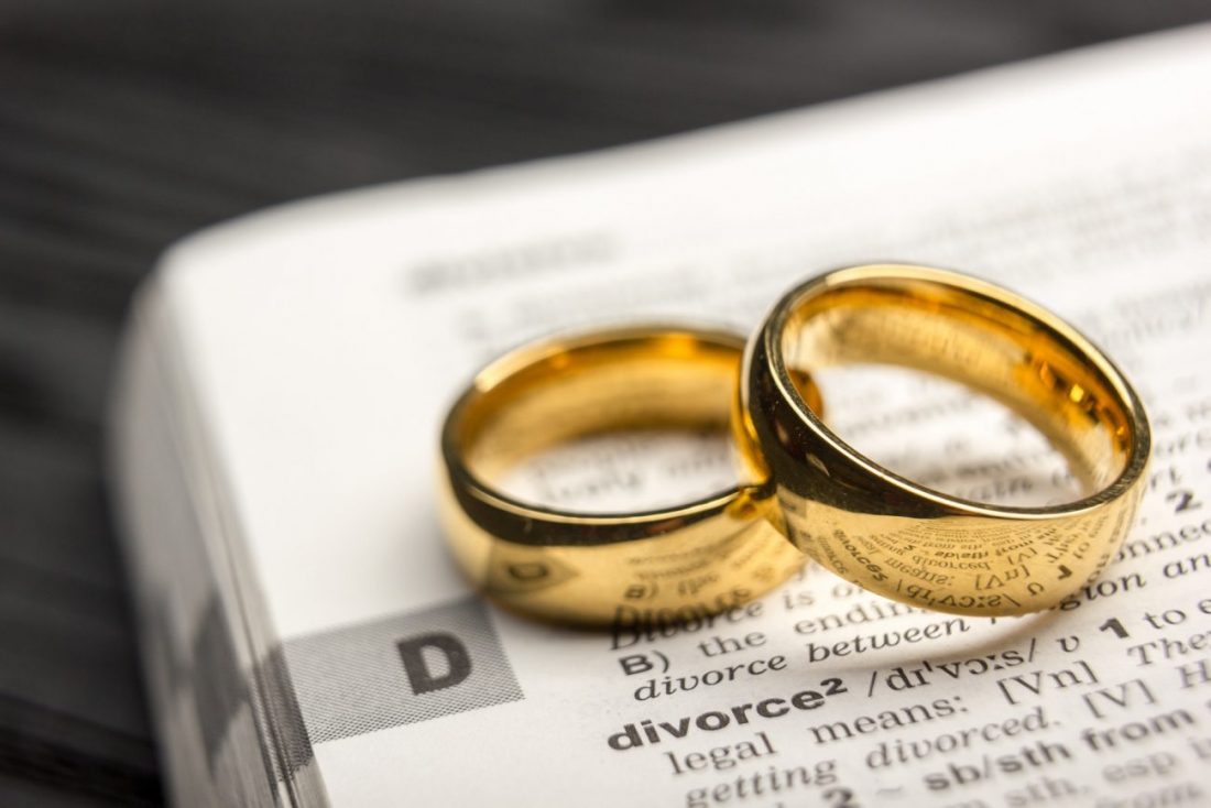 Two gold wedding rings next to the Divorce definition in a dictionary.